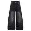 Jeans Retrô Americano Micro-Flare para Primavera e Outono para Homens e Mulheres de Alta Qualidade Nicho Quente Design com Strass Estilo de Rua Cool Calça Longa