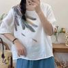 Nova Camiseta de Linho com Estampa Digital Retrô para Verão Feminina, Modelagem Solta, Elegante Manga Curta Pulôver Camisa Atacado