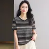 Camiseta de punto fina de seda helada de manga corta para mujer 2026 Nueva Moda Retro Jacquard Rayas Cómoda Camiseta Top