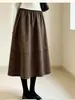 Saia Midi Floral Retrô Feminina Outono Inverno Nova Cintura Alta Emagrecedora Escovada Estilo Pato Saia Evasê Botão