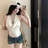 Nuevo Top Camisola con Cuello de Volantes Plisado y Cuentas, Cuello Halter, Diseño Falso de Dos Piezas, Sin Mangas para Mujer, Ropa de Exterior, Pura Pasión Dulce