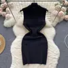 Colete Sem Manga Saia Tricotada Feminina Verão Fina Decote V Design Pregueado Luxo Leve Cintura Apertada Bodycon Vestido para Quadril