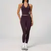 Nuevo Conjunto de Yoga Color Crema con Tejido Cepillado, Cuello en V Profundo, Cuello Halter, Cintura Alta, Corte Ajustado, Set de Yoga Deportivo Levanta Glúteos para Mujer 4208