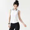 Colete esportivo gola polo com meio zíper para mulheres, estilo universitário, color-blocking, sem mangas, secagem rápida, adequado para corrida, tênis, fitness e yoga