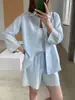 Conjunto de Camisa y Shorts Rayados Bordados Estilo Retro Japonés 100% Algodón para Mujer, Conjunto Casual Suelto de Dos Piezas para Verano