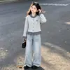 Conjunto de cárdigan a cuadros de bloques de color retro estilo coreano para niña y pantalón vaquero con pajarita para primavera y otoño estilo universitario