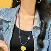 Colar Design Retro High-End Lápis Lazúli Natural Cristal Branco Corrente de Suéter Pingente