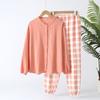 Conjunto de Pijama Feminino Outwear Simples de Algodão Estilo Japonês Xadrez para Casa, Manga Longa, Crepe, Gaze Dupla Camada, Primavera e Outono