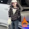 Chaqueta con capucha a rayas para niña, nueva colección otoño/invierno 2026, para niños de talla mediana y grande, con bloques de color, engrosada, de manga larga, cárdigan con cremallera