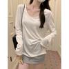 Camiseta Feminina de Algodão Puro com Gola U e Manga Longa para Primavera e Outono, Fina, Estilo Coreano, Solta, Versátil, Camiseta Básica Estilosa