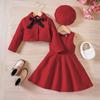 Roupa Infantil para Meninas Exportação Europeia e Americana, Novo Estilo Outono, Casaco de Lã de Manga Longa com Laço, Vestido Colete, Vem com Chapéu, Conjunto de Três Peças