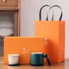 Taza de gres con tapa para oficina, separación de té, taza de tres piezas, vaso de agua personal, taza individual, caja de regalo, se puede usar como logotipo