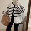Cardigan Tricotado Listrado Moda Chic da Coreia do Sul Feminino Outono e Inverno Novo Estilo Preguiçoso Solto Roupa Externa Suéter Gola Redonda Jaqueta