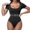 Body Sexy Cruzado de Cuello en U de una Pieza Alta Elasticidad Estilo Europeo y Americano Manga Corta Forma de Tanga Moldeador Corporal Control de Abdomen Body