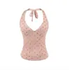 Nuevo Top Corto de Verano 2026 Estilo Americano Chica Atrevida con Escote en V Profundo y Almohadillas en el Pecho, Camisola de Cuello Halter con Lunares para Mujer