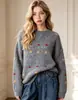 Suéter de punto jacquard redondo de otoño e invierno estilo coreano para mujer, holgado, suave, dulce, top de punto floral