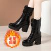 Botas de Salto Alto para Mulheres 2025 Outono e Inverno Sapatos de Passarela Cheongsam de Amarrar Estilo Britânico Salto Grosso Couro Envernizado Botas de Cano Médio Botas Curtas Femininas