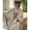 Conjunto completo de verão fino e leve super fada, vestido de alça casual coreano com camisa de proteção solar franzida para mulheres