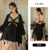 Camisola de Satén Fruncida con Encaje Bordado y Malla, Camisón con Almohadillas en el Pecho y Bata, Conjunto de Ropa para el Hogar 5848