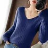 Suéter Tricotado Solto na Moda com Decote em V para Mulheres, Estilo Fino Outono/Inverno, Camisa Básica Elegante com Manga Longa Vazada, Top Casaco da Moda