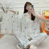 Conjunto de Pijama de Algodón Nube para Mujer, Tres Piezas, Primavera/Verano, Cárdigan con Solapa, Manga Corta, Shorts, Pantalones Largos, Ropa de Casa Casual para Adolescentes, Alto Volumen