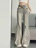 Jeans de Campana Retro Americano para Chica Picante para Mujer Diseño Primavera, Otoño, Verano 2025 con Bordes Crudos, Corte Delgado, Pantalones Largos