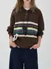 Blusa de Tricô Fino com Listras Coloridas e Gola Polo Loose Knit Shengqiao Cafe