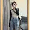 Camiseta básica de bloques de color estilo raglán para mujer, estilo coreano, simple, ajustada, que ciñe la cintura, elástica, jersey de manga larga para figuras petite