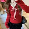 Camiseta Interior de Encaje con Cordones y Cuello Retorcido Estilo Coreano para Mujer en Otoño e Invierno Estilo Puro Lustre con Suéter con Dobladillo de Oreja Top Tejido
