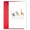 1 tarjeta de felicitación para recién nacidos con animal de la selva en acuarela con sobre rojo, mensaje de bienvenida en inglés para bebé recién nacido, tarjeta de bendición de luna llena
