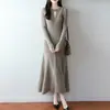 Vestido de punto de lana 100% de longitud media para mujer, con cuello de un botón, cuello redondo, mangas largas, sin botones, corte ajustado, vestido de línea A