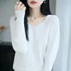 Suéter de punto fino de algodón puro con cuello en V de estilo minimalista para mujer, top de suéter delgado de color liso, camiseta básica versátil 100% algodón