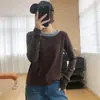 ¡Suave y acogedor tacto de cachemir! Camiseta de manga larga, con bloques de color, de aspecto de dos piezas, hombro normal, para mujer, perfecta como capa base para otoño.