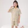 Pijama de Tencel Lyocell, Shorts de Manga Curta para o Verão, Roupas de Casa para Família, Conjunto de Duas Peças para uma Família de Quatro Pessoas, Roupa de Seda de Algodão com Ar Condicionado