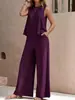 2026 Amazon Europeu e Americano Venda Quente Transfronteiriça Conjunto Elegante de Duas Peças Cor Sólida com Regata de Gola Redonda e Calça Wide Leg Roupa Feminina