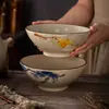 Tigela Cônica de Cerâmica Vintage Estilo Pintura a Tinta, Louça com Cor Sob Esmalte, Tigela Alta de Arroz Doméstica de Nicho de Alta Qualidade