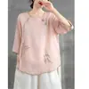 Camisa de linho bordada de manga três quartos para mulheres, uso diário de verão, Hanfu modificado, vestido de chá vintage abotoado, blusa elegante