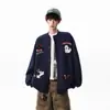 Toalha de Cachorro de Desenho Animado Americano Jaqueta Baseball Bordada para Homens e Mulheres, Jaqueta Cardigan Casual Solta da Moda de Outono para Casais