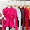 Venta al por Mayor Transfronteriza Versátil Diseño Cruzado Plisado Cuello Redondo Manga Larga Camiseta de Malla Camiseta Base Top para Mujer