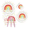 Bandeja de Papel Tema Arco-Íris Boêmio Copo de Papel Guardanapo Canudo Conjunto de Louças Suprimentos para Decoração de Festa de Feriado Batizado