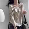 Jersey de Punto Falso de Dos Piezas con Rayas de Color Contrastante para Mujer en Otoño e Invierno Talla Grande Delgado Camisa de Manga Larga Camisa Base Top Interior con Cordón