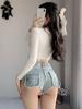 9030 # 2024 Nuevo Sexy Europeo y Americano Amazon Crudo Borde Cintura Alta Ajustado Sexy Jeans Shorts de Mezclilla para Mujer