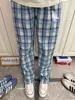 Calça Xadrez Azul Carolina do Norte Estilo Americano para Homens, Verão High-End com Zíper Lateral, Perna Reta, Bocas Largas, Casual Esportiva