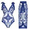 2023 Novo Maiô Peça Única Estampado Retro Francês Europeu e Americano Feminino para Férias em Fontes Termais Vestido de Praia Maiô de Duas Peças