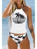 Traje de baño Tankini de Venta Caliente Transfronterizo para Mujer con Estampado de Palmera y Cordón Control Abdominal Traje de Baño Dividido Amazon