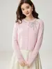 Cárdigan de Cachemir con Lazo 2026 Otoño/Invierno Nuevo para Mujer Cuello Redondo Pedrería Estampado en Caliente Capa Base Estilo Dulce Suéter
