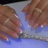 24 Peças de Unhas Brancas Francesas Amendoada Vestíveis com Strass Brilhante Unhas Vestíveis Prontas para Venda
