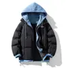 Pareja Coreana Invierno Nuevo Estilo Hong Kong Holgada Falsa Dos Piezas con Capucha Talla Grande Chaqueta Acolchada de Algodón Mujer Costura Engrosada Chaqueta Acolchada de Algodón para Hombre