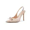 Zapatos de Tacón Alto con Lazo Color Champaña para Mujer 2025 Nuevo Otoño Punta Fina Tacón de Aguja Satín Zapato de Dama de Honor Nupcial Boda