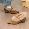 Sapatos Mary Jane Peludos Estilo Francês para Mulheres, com Aumento Interno de Altura, Bico Fino, Tira Única, Forrados com Lã, Sapatilhas Quentes e Confortáveis